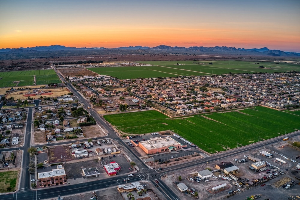 Aerial,View,Of,Sunrise,Over,The,Phoenix,Suburb,Of,Buckeye,