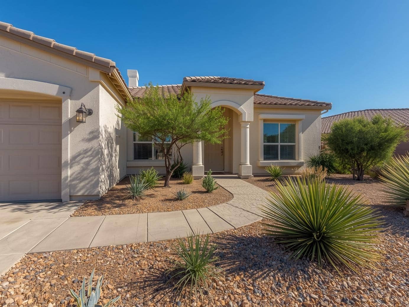 a bright arizona home exterior with clean desert landscaping and a welcoming entry