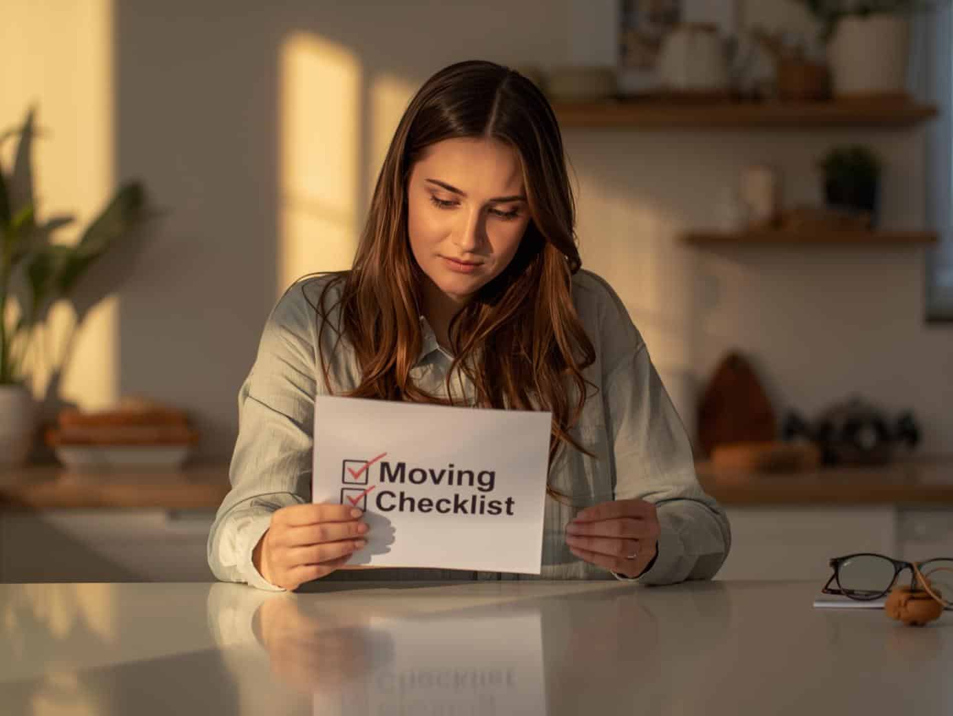 a homeowner reviewing a “moving checklist” at a kitchen counter (warm, lifestyle focused)