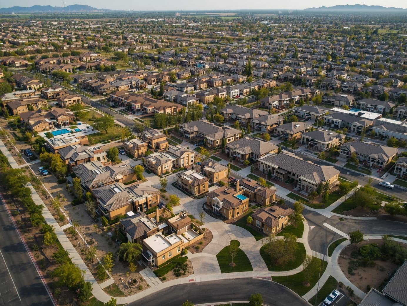 aerial of a master planned community (caption “active adult living options across the valley”)