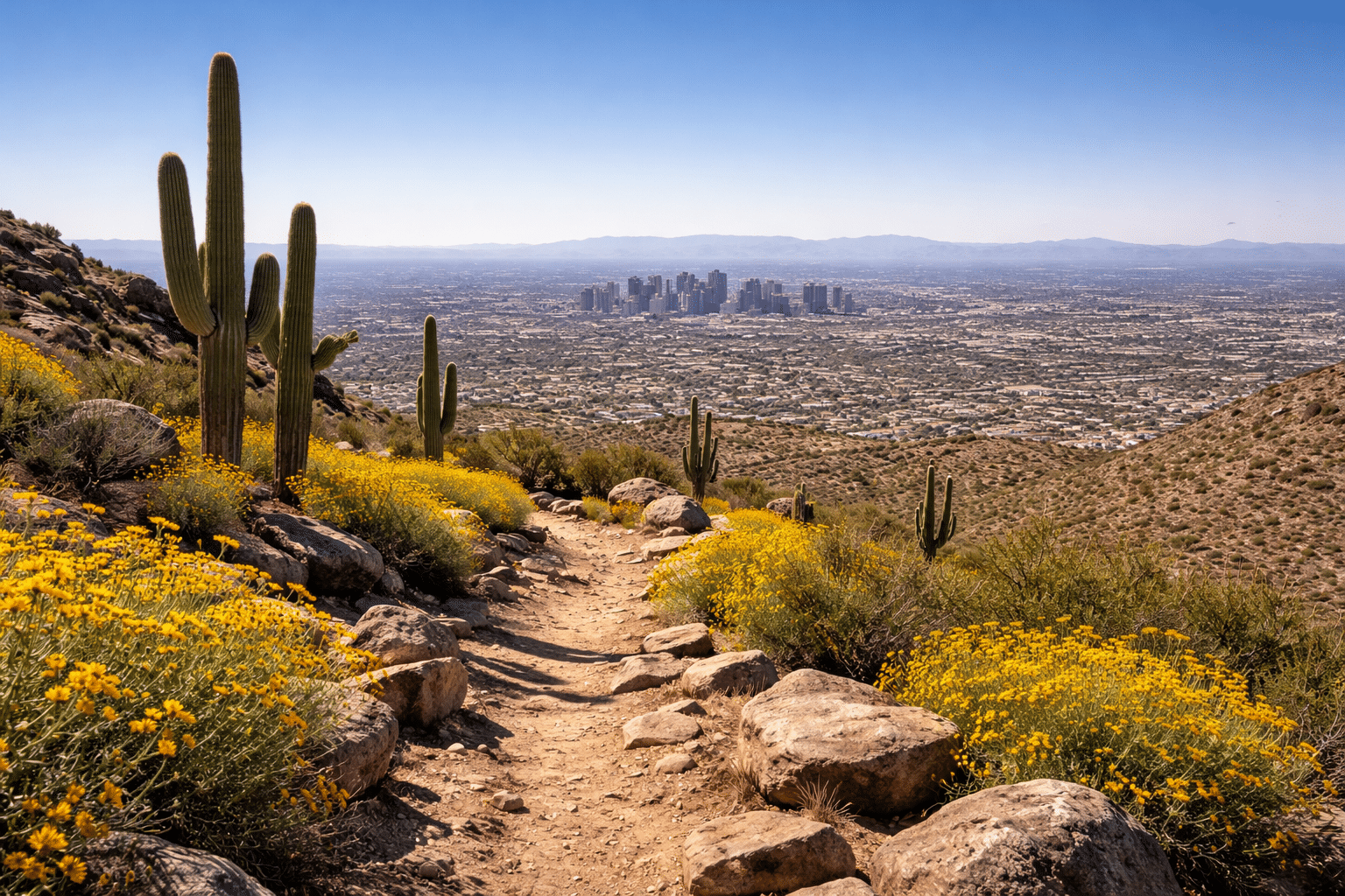 Desert blooms and cityscape view