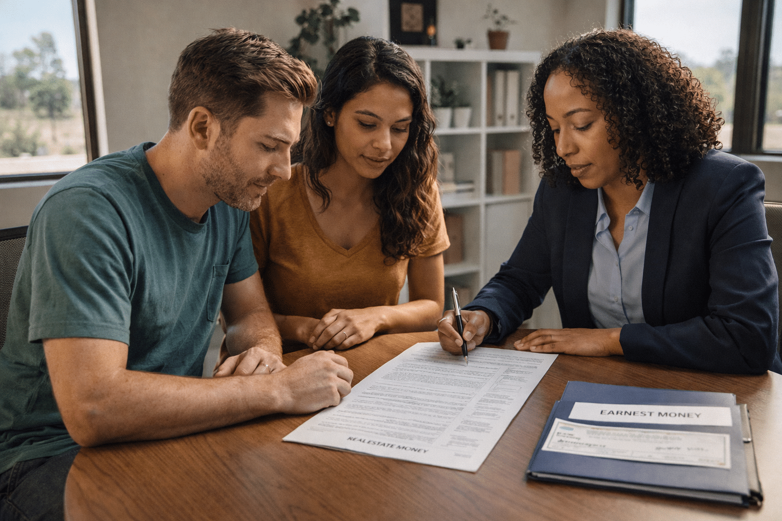 Apache Junction real estate buyers reviewing purchase contract with agent