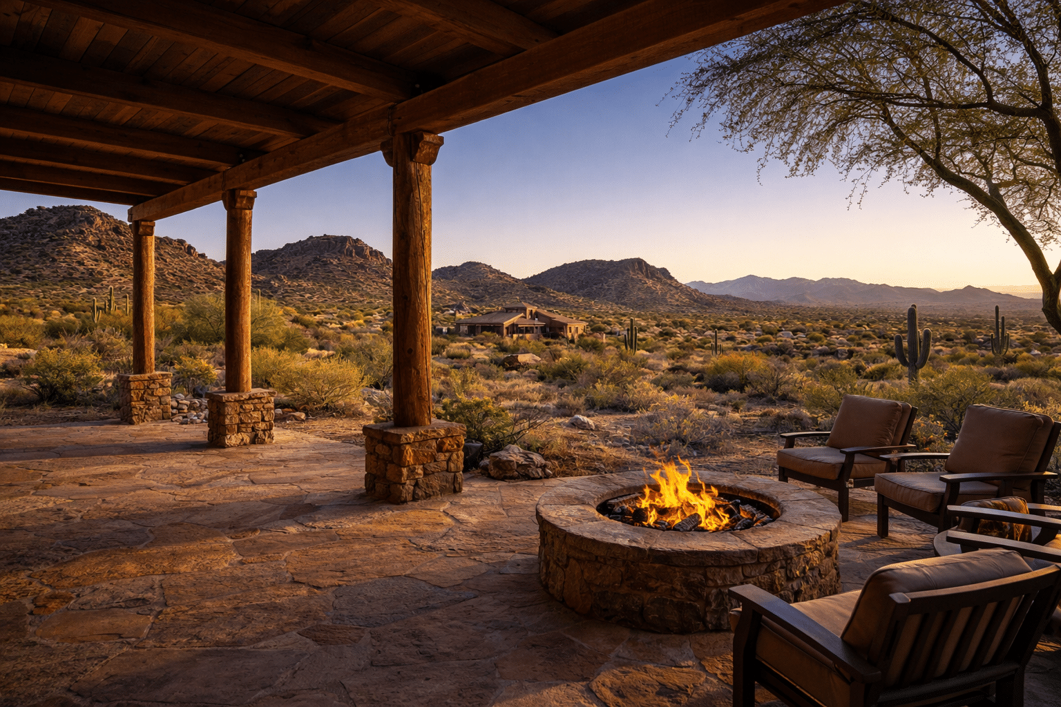 Cave Creek Arizona custom home ranch patio with stone fire pit and desert foothills view — West USA Realty