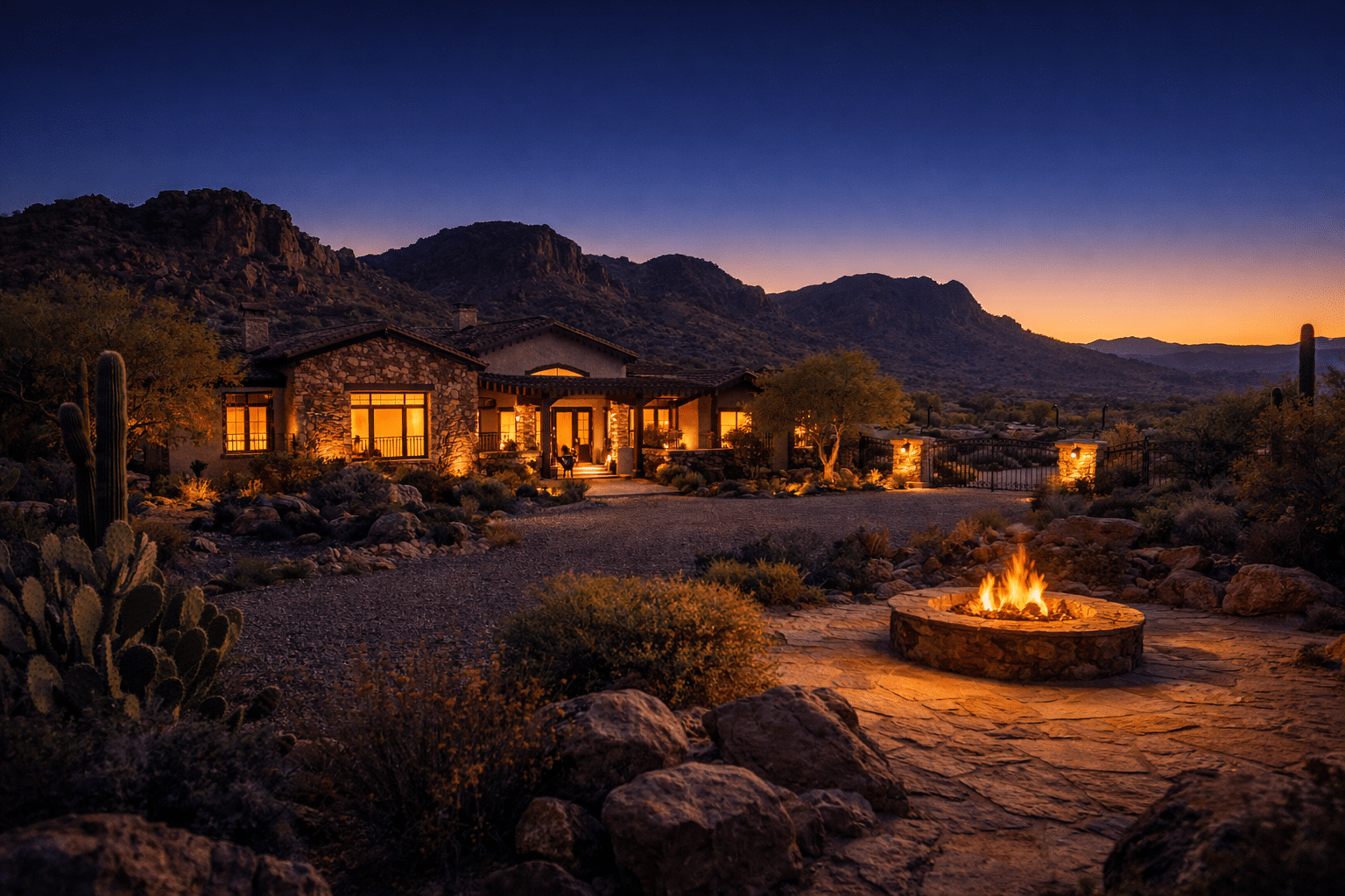 Cave Creek Arizona custom desert estate exterior at twilight with fire pit glow and volcanic foothills silhouette — West USA Realty