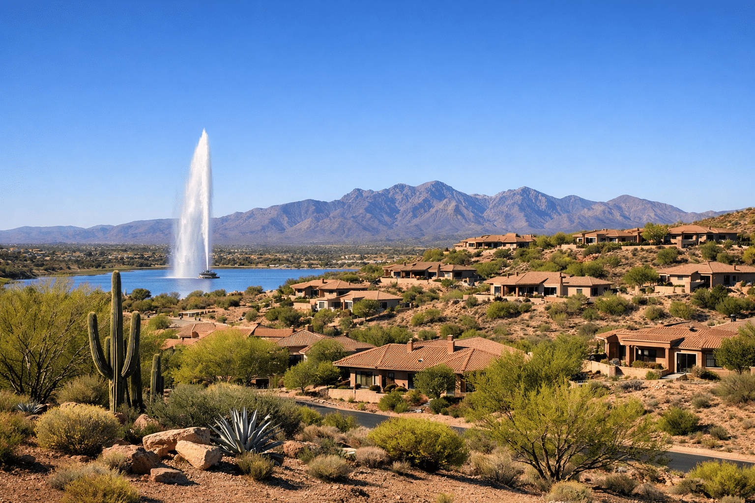 Fountain Hills real estate community with desert homes, mountain backdrop, and the town fountain in the distance