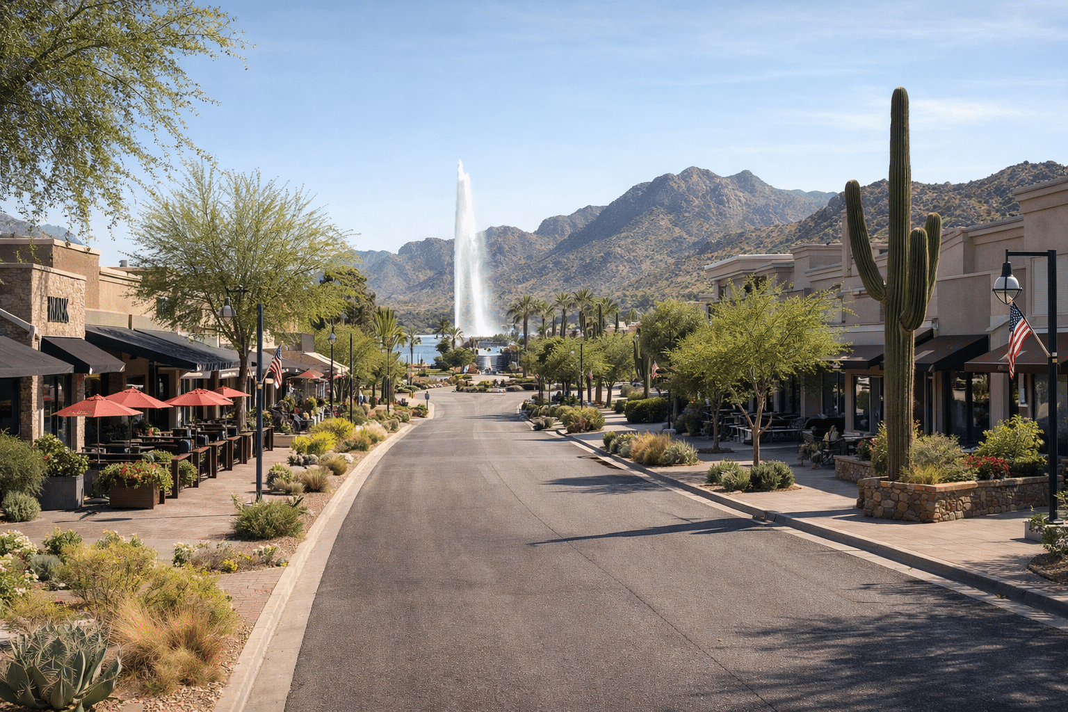 Avenue of the Fountains streetscape in Fountain Hills with shops, patios, and walkable downtown character