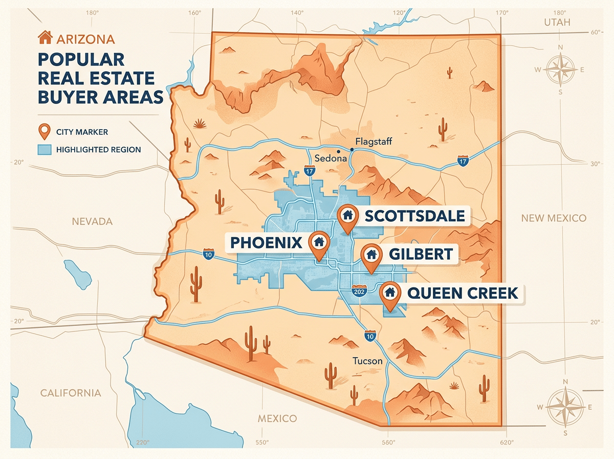 Map-style image highlighting popular Arizona buyer areas (Phoenix, Scottsdale, Gilbert, Queen Creek)