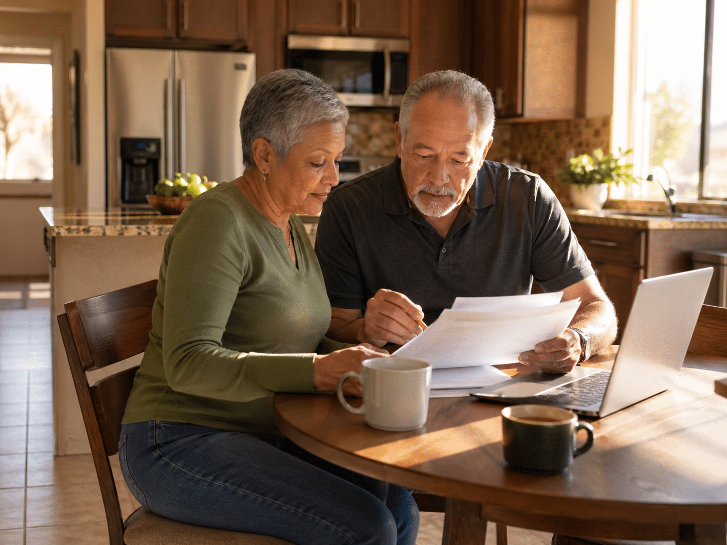 retired couple, different gender and mixed ethnicity, in their mid-60s, seated together at a small kitchen table inside a single-story home