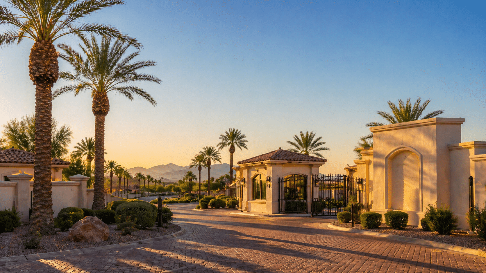 guard-gated 55+ community's entry gate and kiosk on a major suburban West Valley Arizona