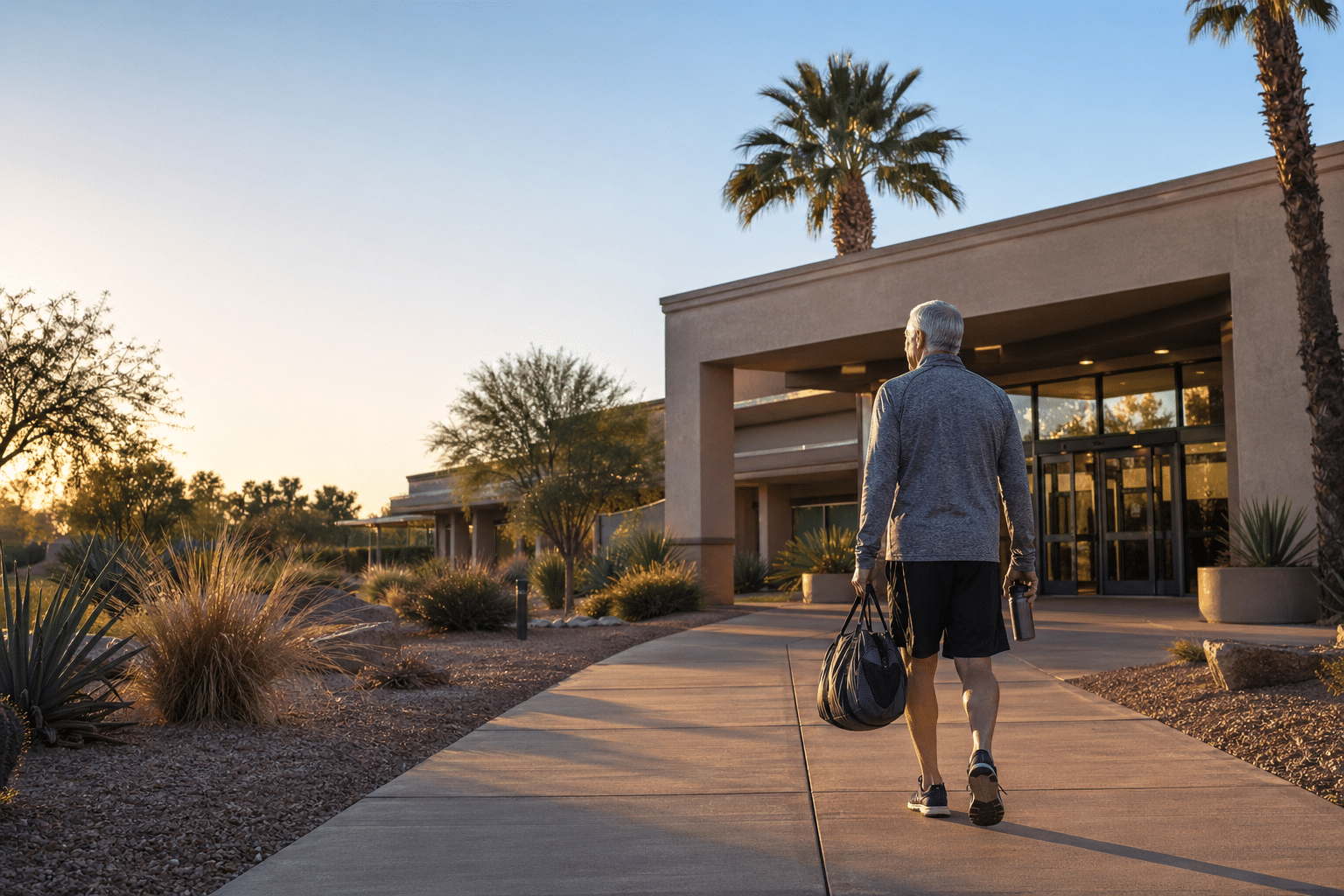 Desert courtyard entrance at sunset