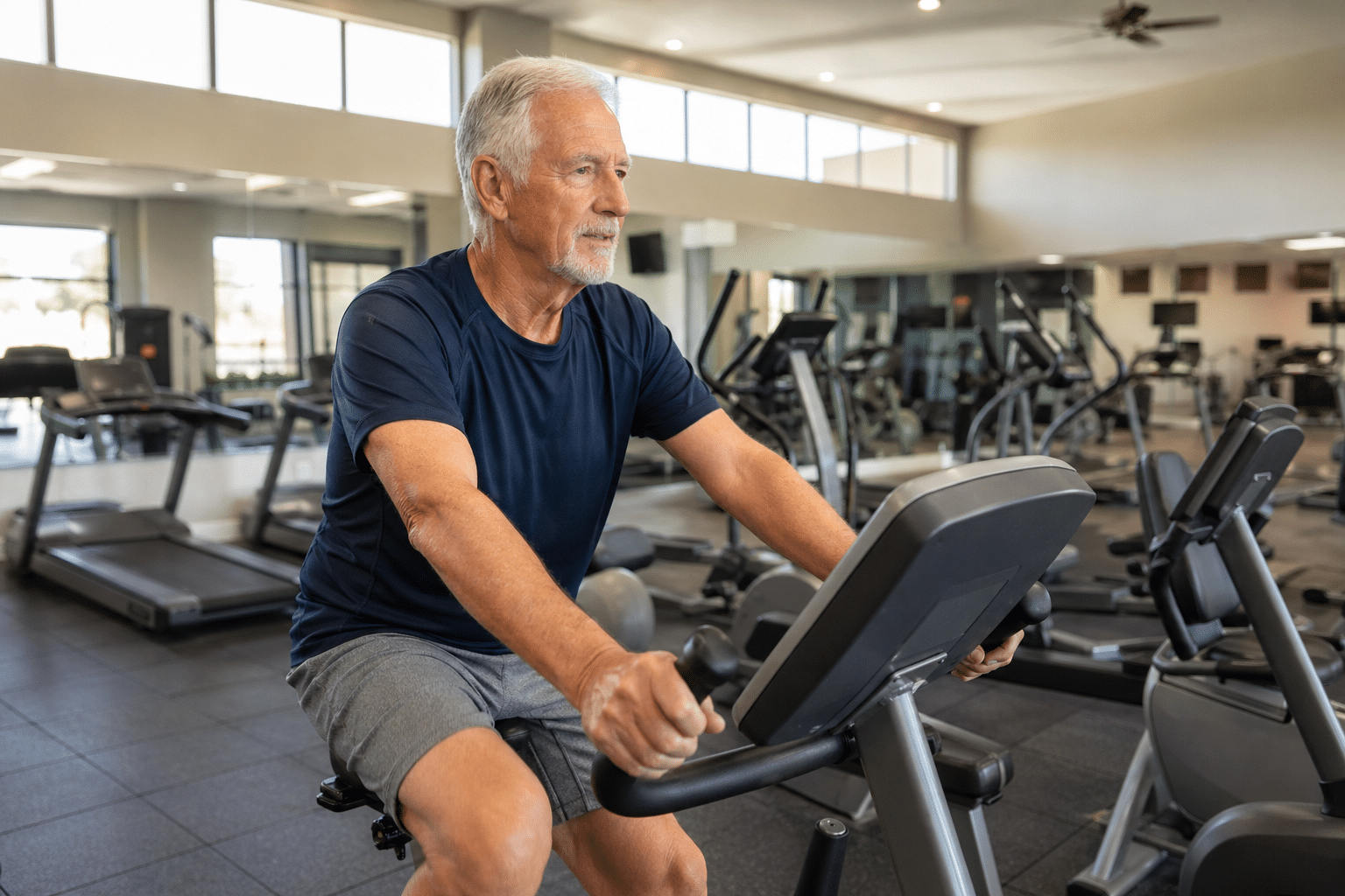 resident in his early 70s using a stationary bike during an early-morning workout in the fitness room