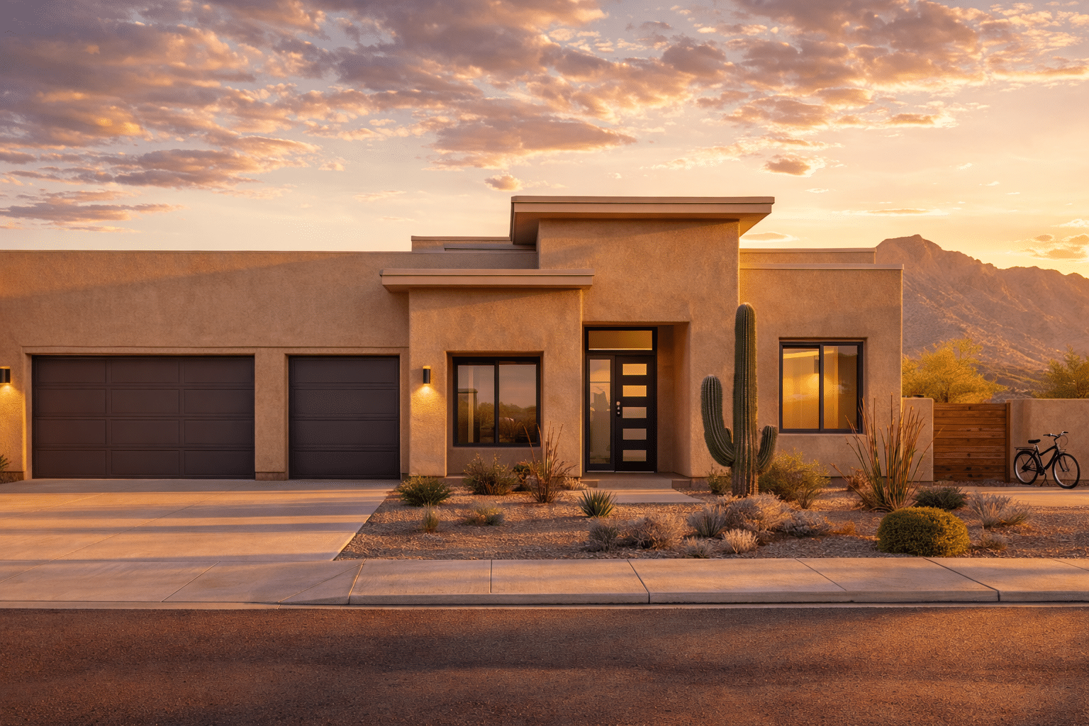 homes for sale in Queen Creek AZ new construction desert-contemporary exterior Golden Hour