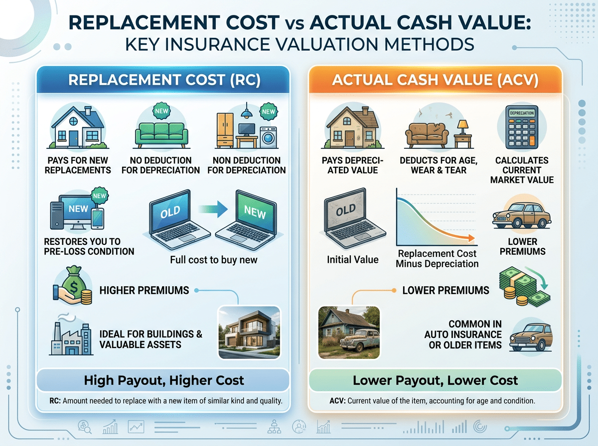 Infographic Replacement Cost vs Actual Cash Value (simple side-by-side)