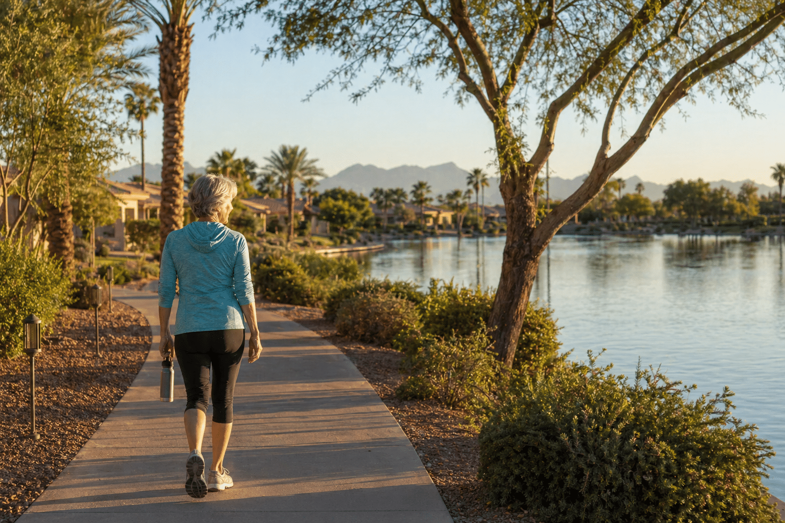 solo retired woman in her late 60s walking on a tree-shaded interior path inside an established West Valley Arizona 55+ community in early-morning light