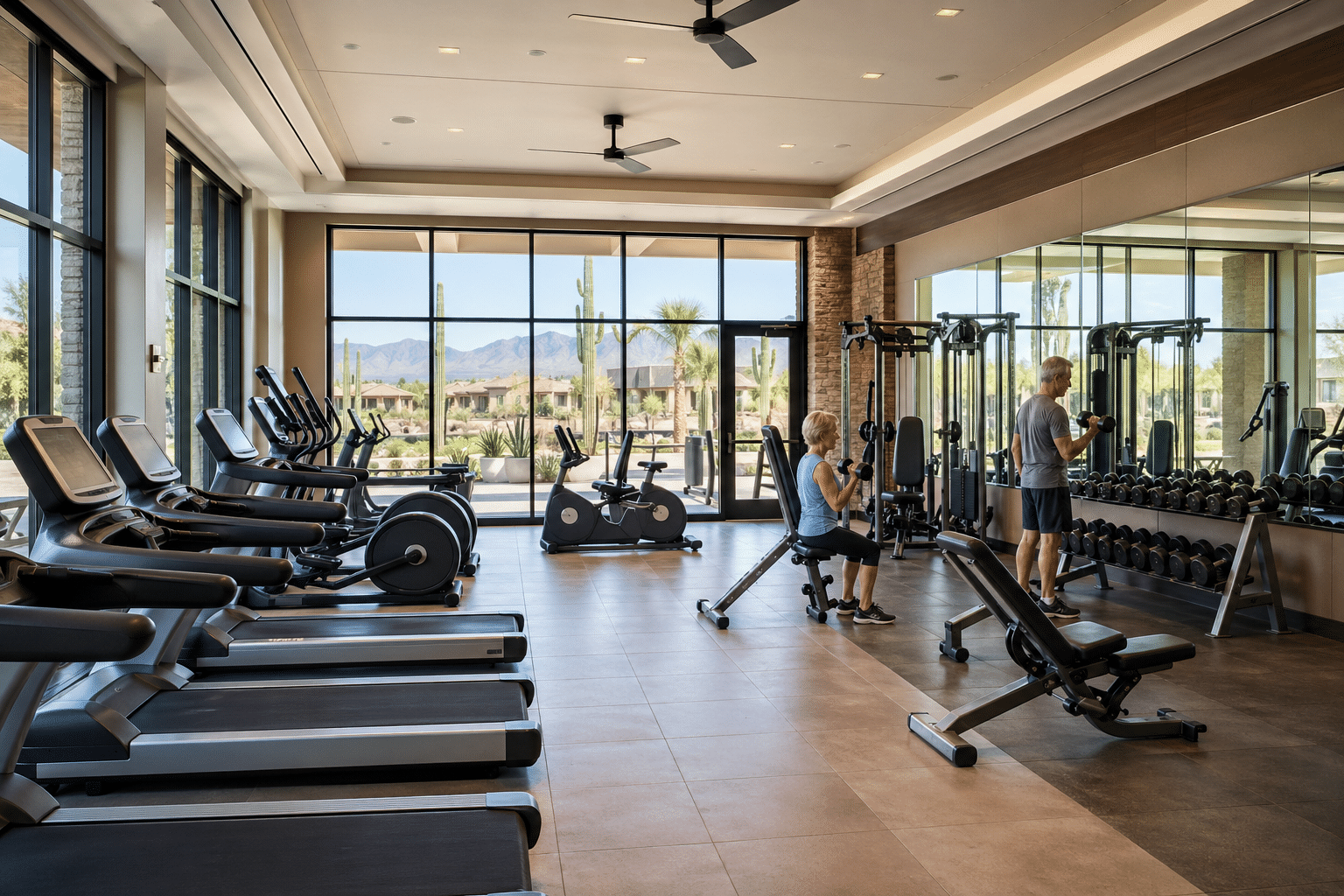 Modern gym with desert views
