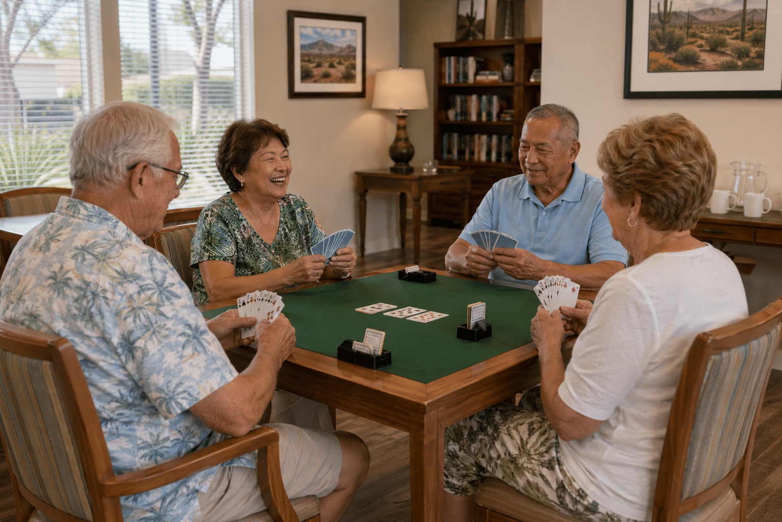 four-person bridge game in a community club room at an established West Valley Arizona 55+ community at midday