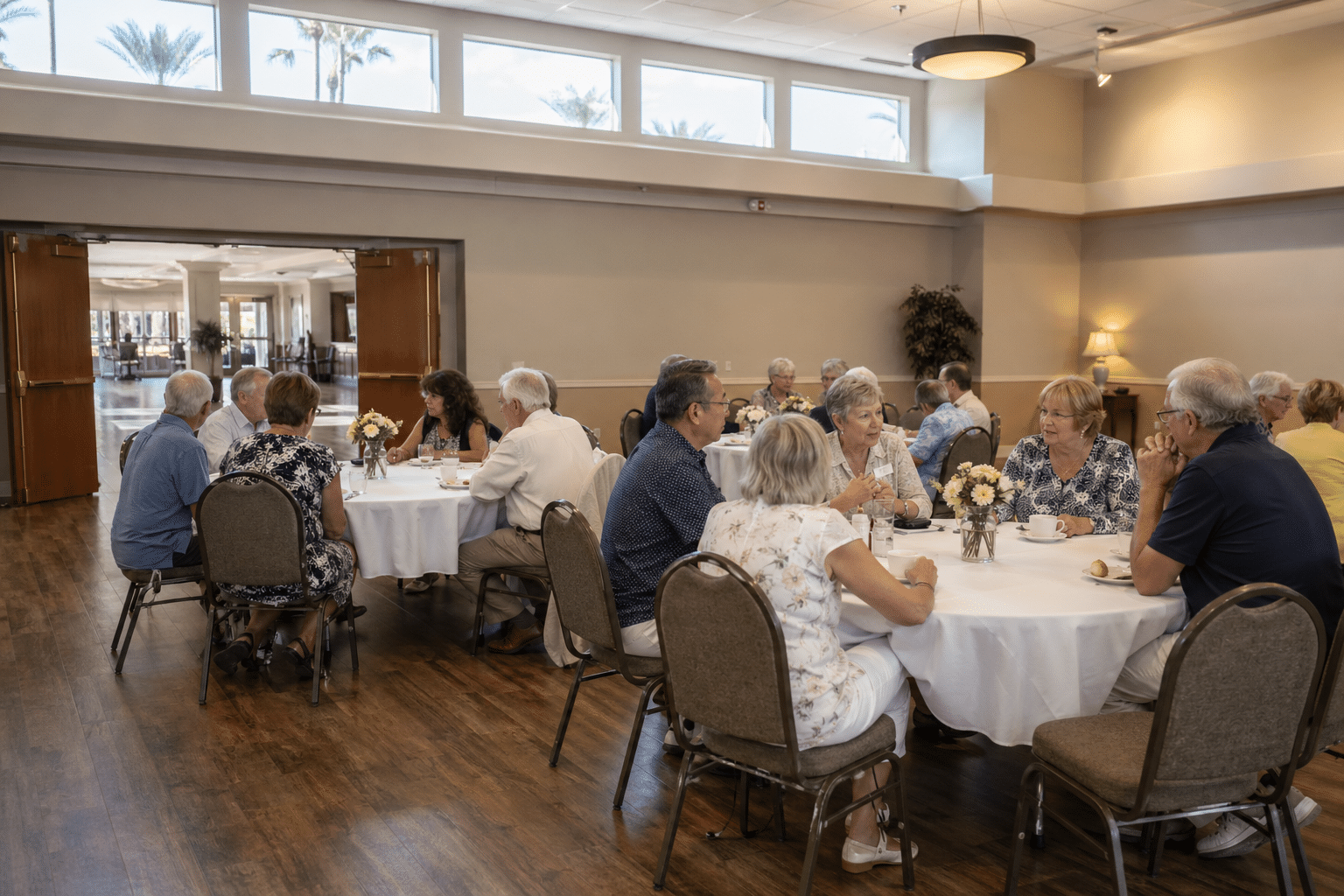 ommunity center ballroom interior at midday, set up for a club luncheon at an established West Valley Arizona 55+ community