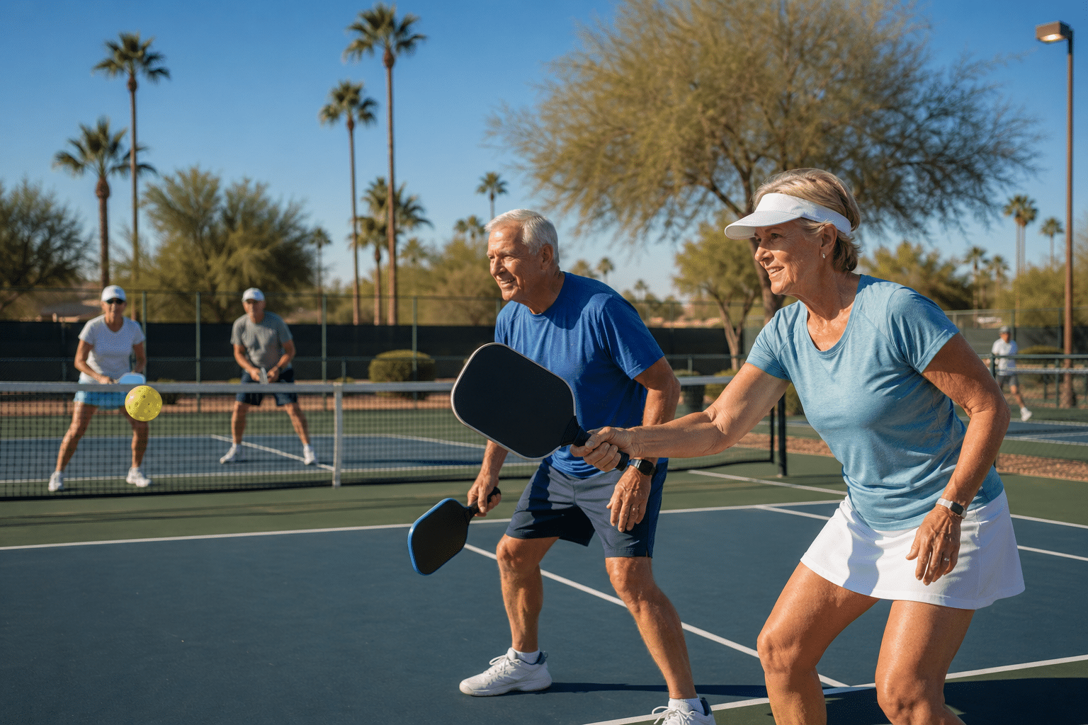 Sunny pickleball match with palm trees
