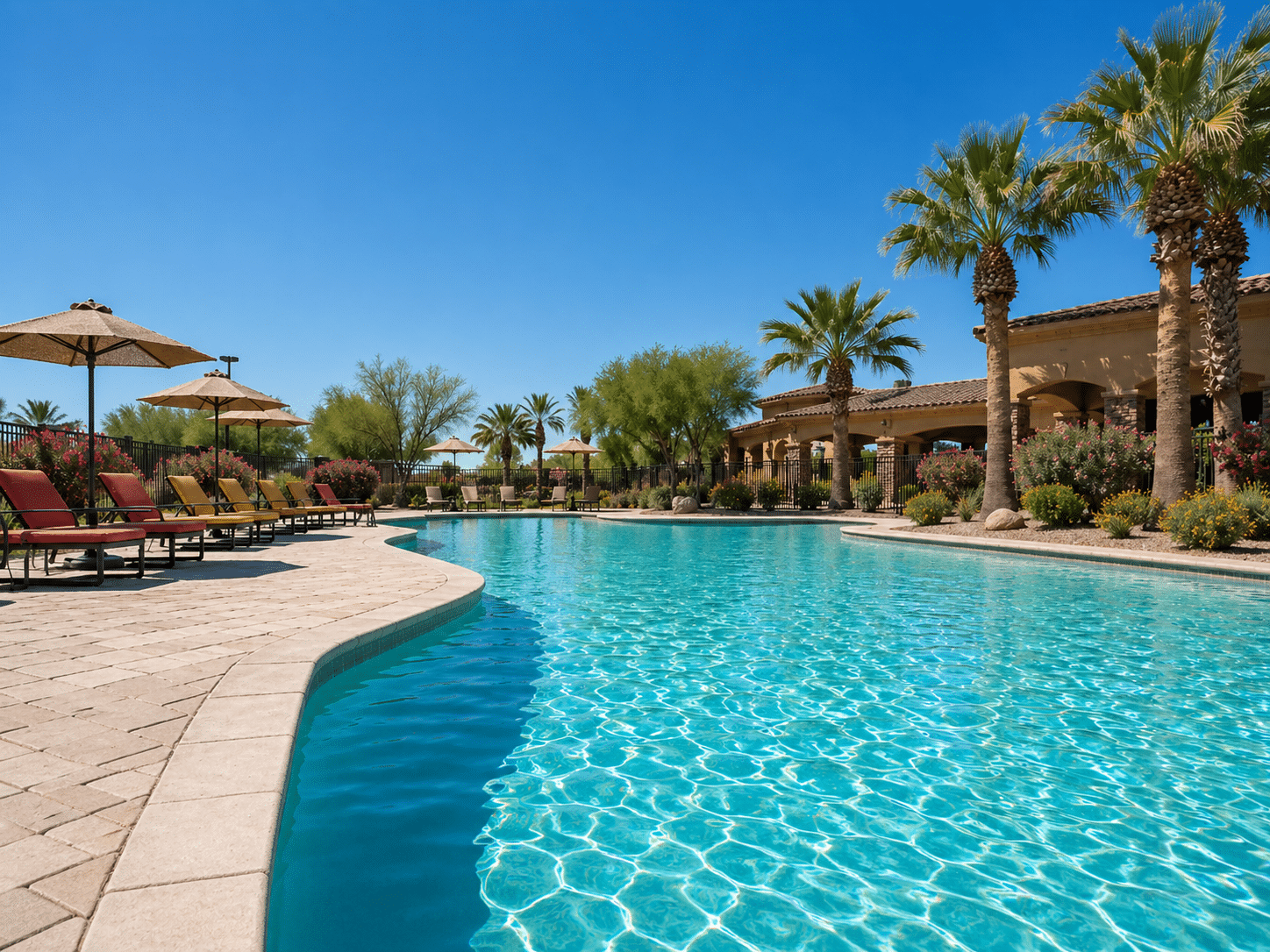 Sunny resort pool with palm trees