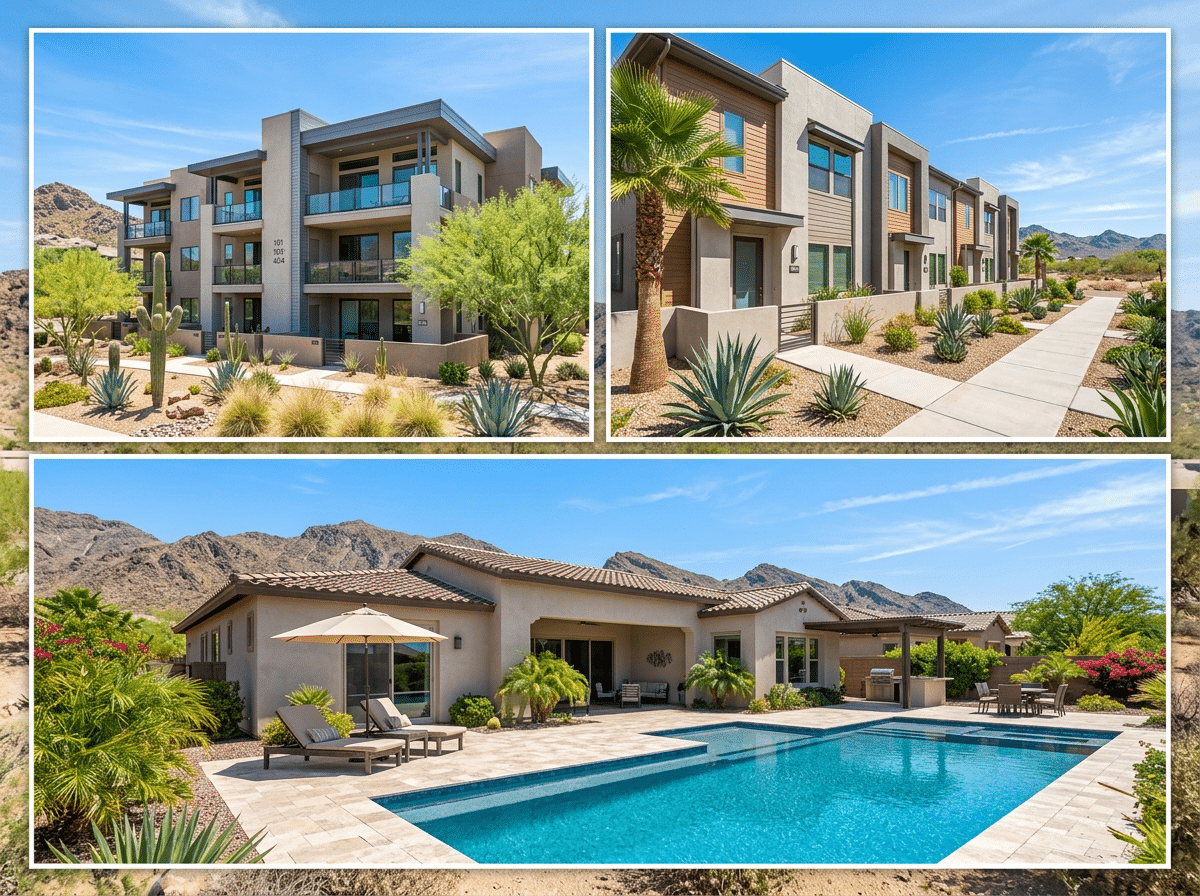 condo building exterior, townhome row, single-family home with backyard