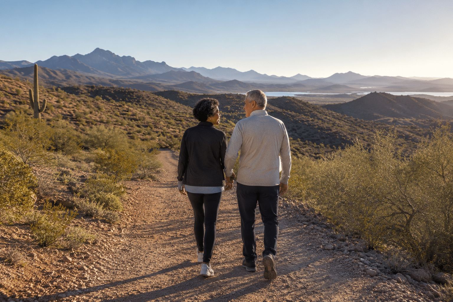 couple in their early-to-mid 60s walking together on a gravel desert trail above the Lake Pleasant corridor