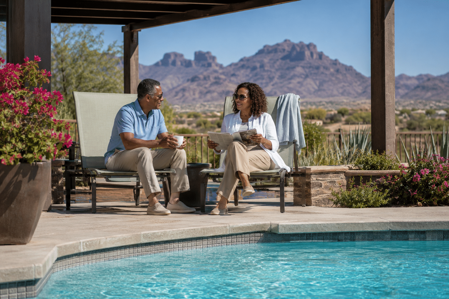 couple in their early-to-mid 60s relaxing on lounge chairs at a resort-style community pool