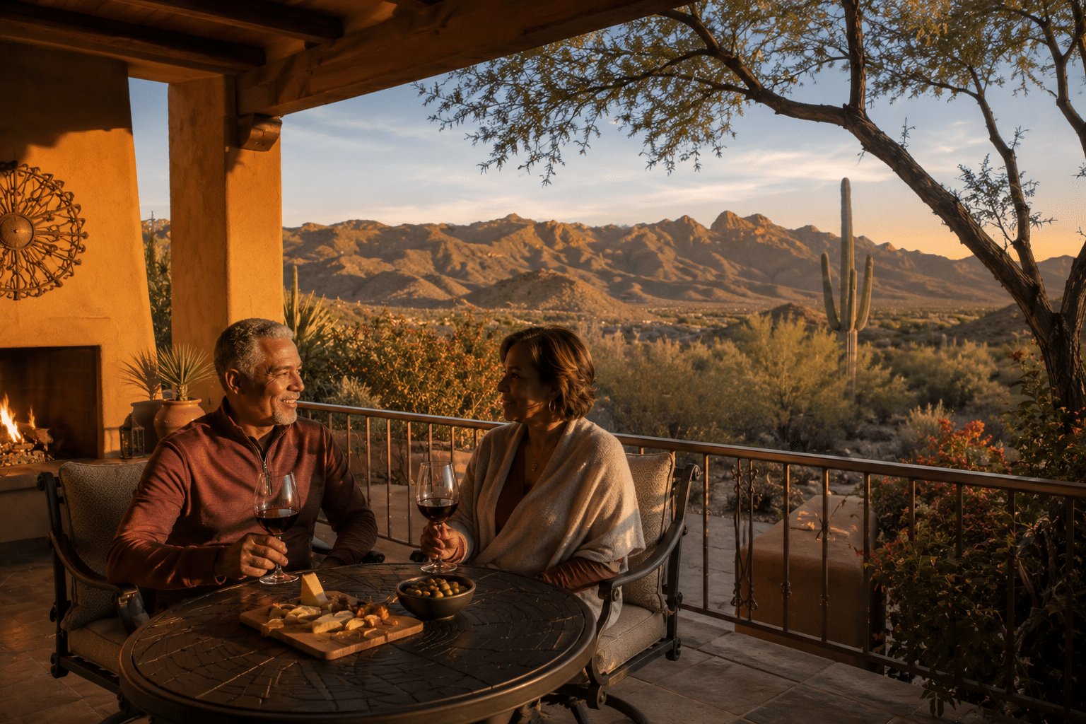 couple in their late 60s sharing a glass of wine on a covered home patio at golden hour