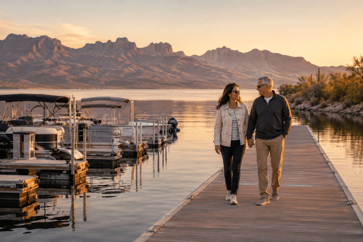 ouple in their mid 60s walking the wooden marina pier at Lake Pleasant in late afternoon