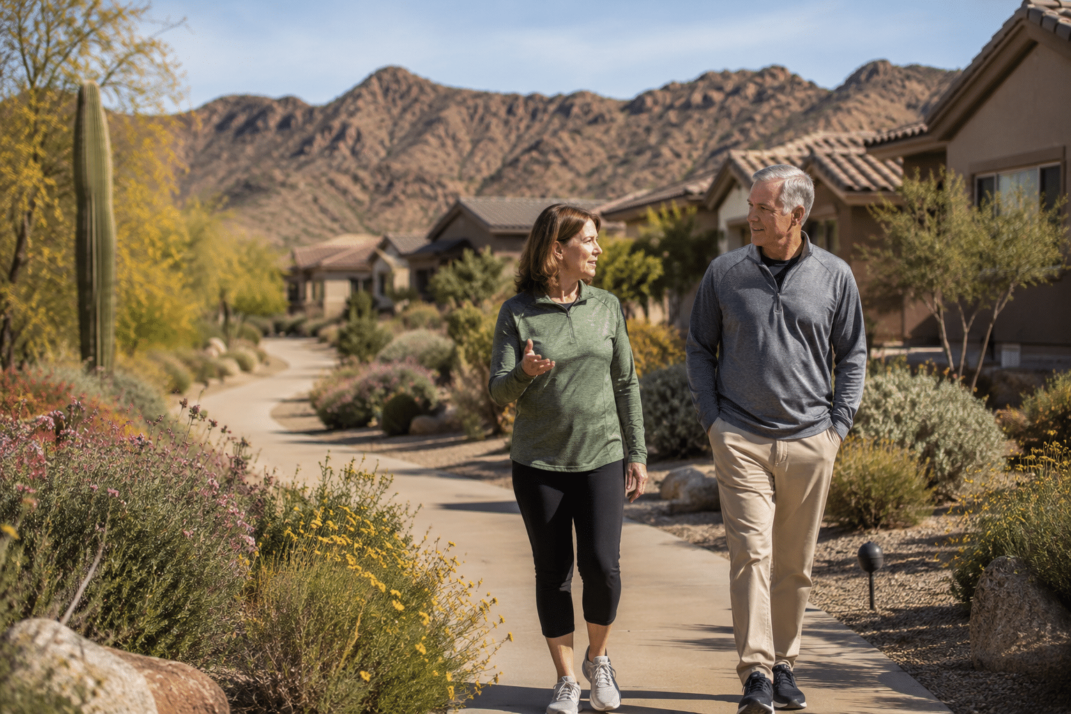 couple in their mid-sixties, one woman and one man, walking side by side on a paved interior community path