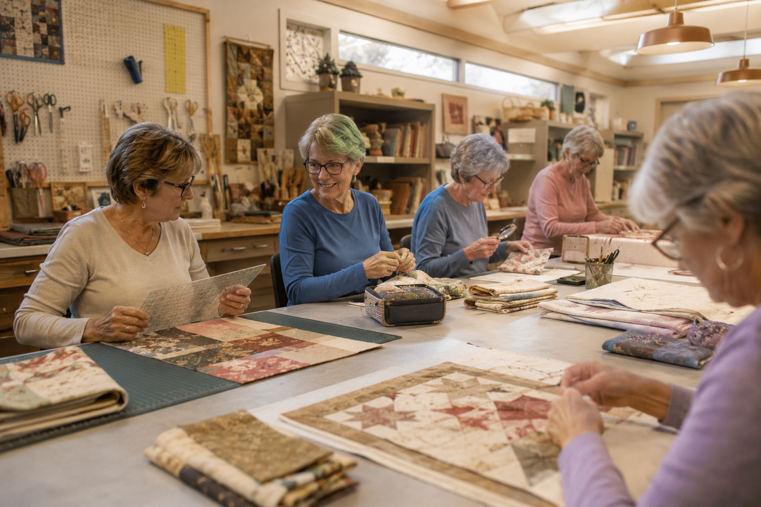 four to five women in their sixties and seventies gathered around a long table in a hobby studio, working on individual quilting projects
