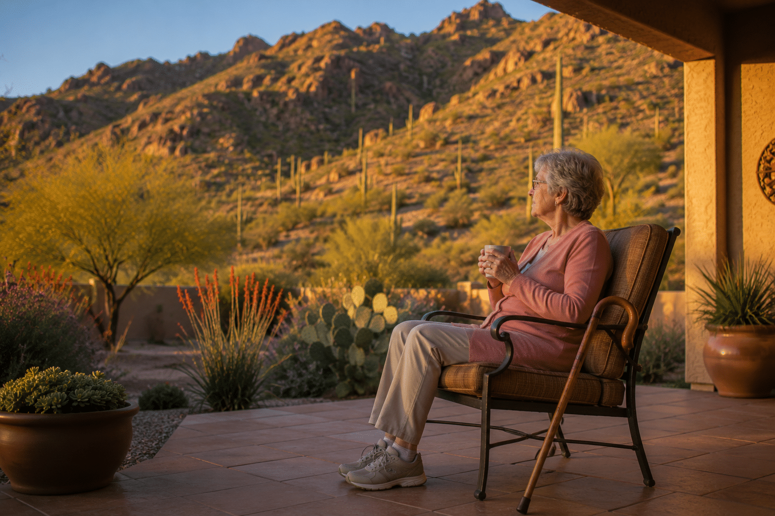 senior woman in her early seventies, alone on the back patio of her Solera at Johnson Ranch home