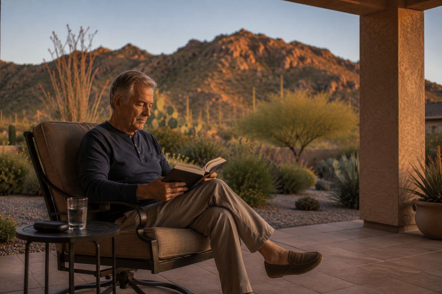 single-story Del Webb home, looking out toward the San Tan foothills