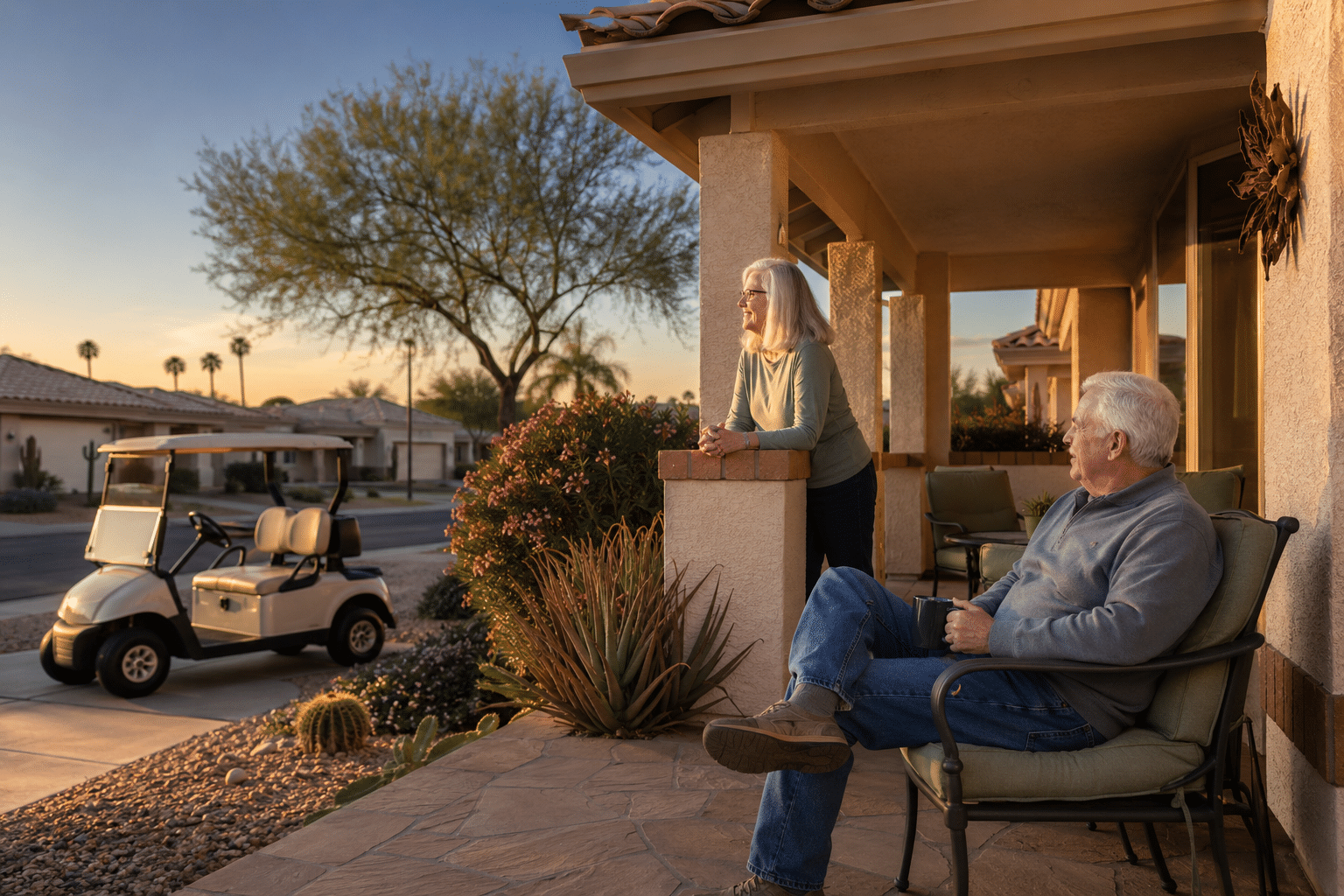 A retirement-aged couple in their early 70s relaxing on the covered patio of their home