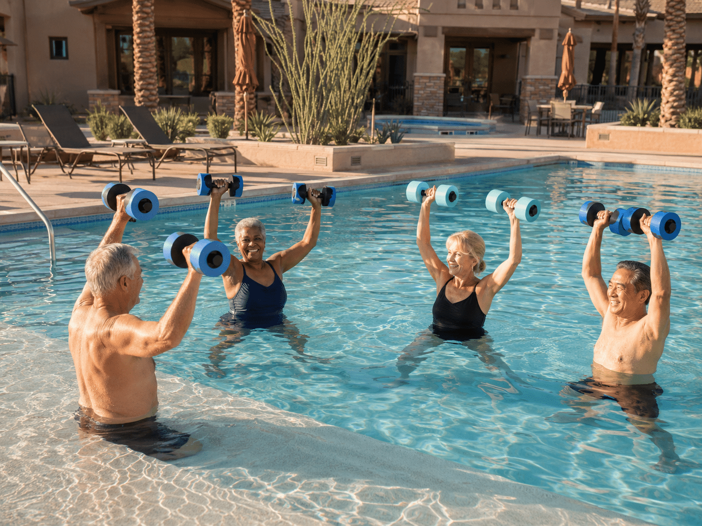 Encore Club resort pool with 55-plus residents swimming aqua fitness Mesa AZ