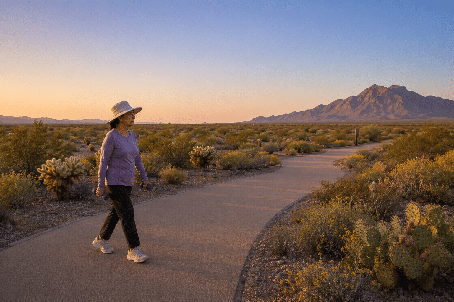 Solo woman in her late sixties on a multi-use community trail in the Meridian master plan
