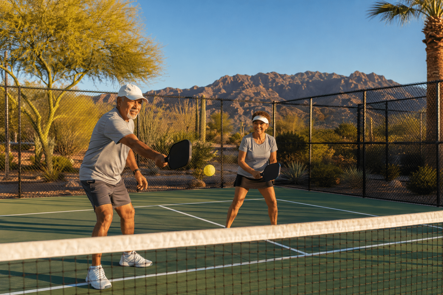 playing pickleball doubles on an outdoor court