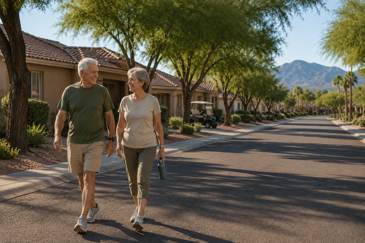 couple in their early seventies, different gender, walking together on a quiet residential street inside a 55+ community