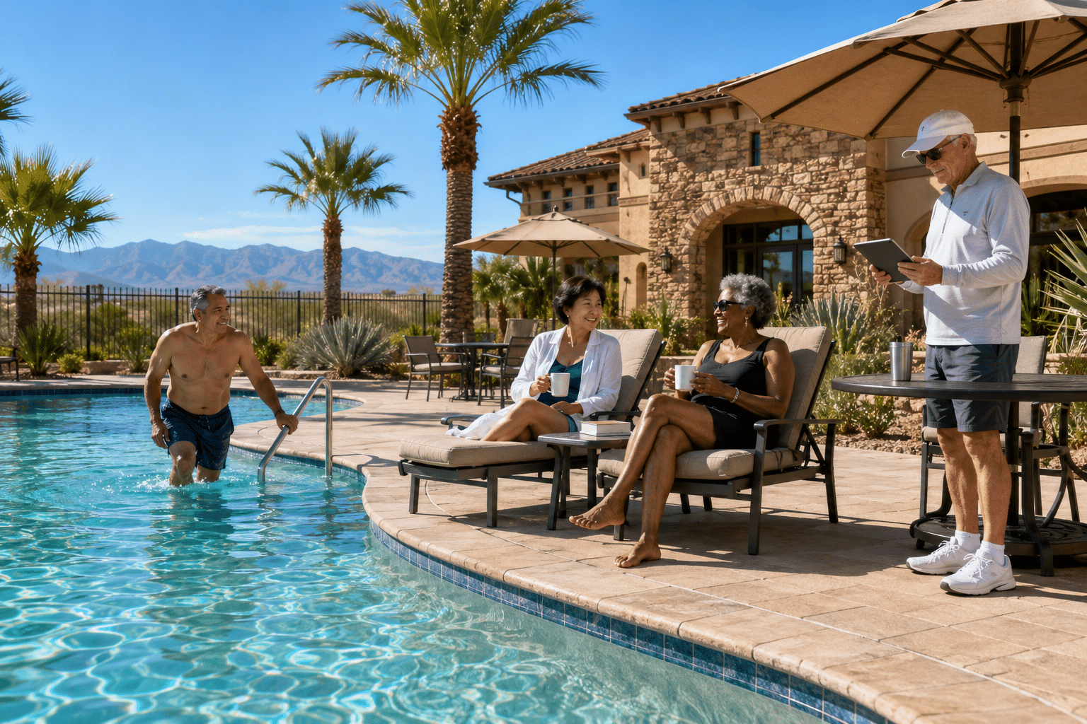 saltwater pool deck on a winter morning