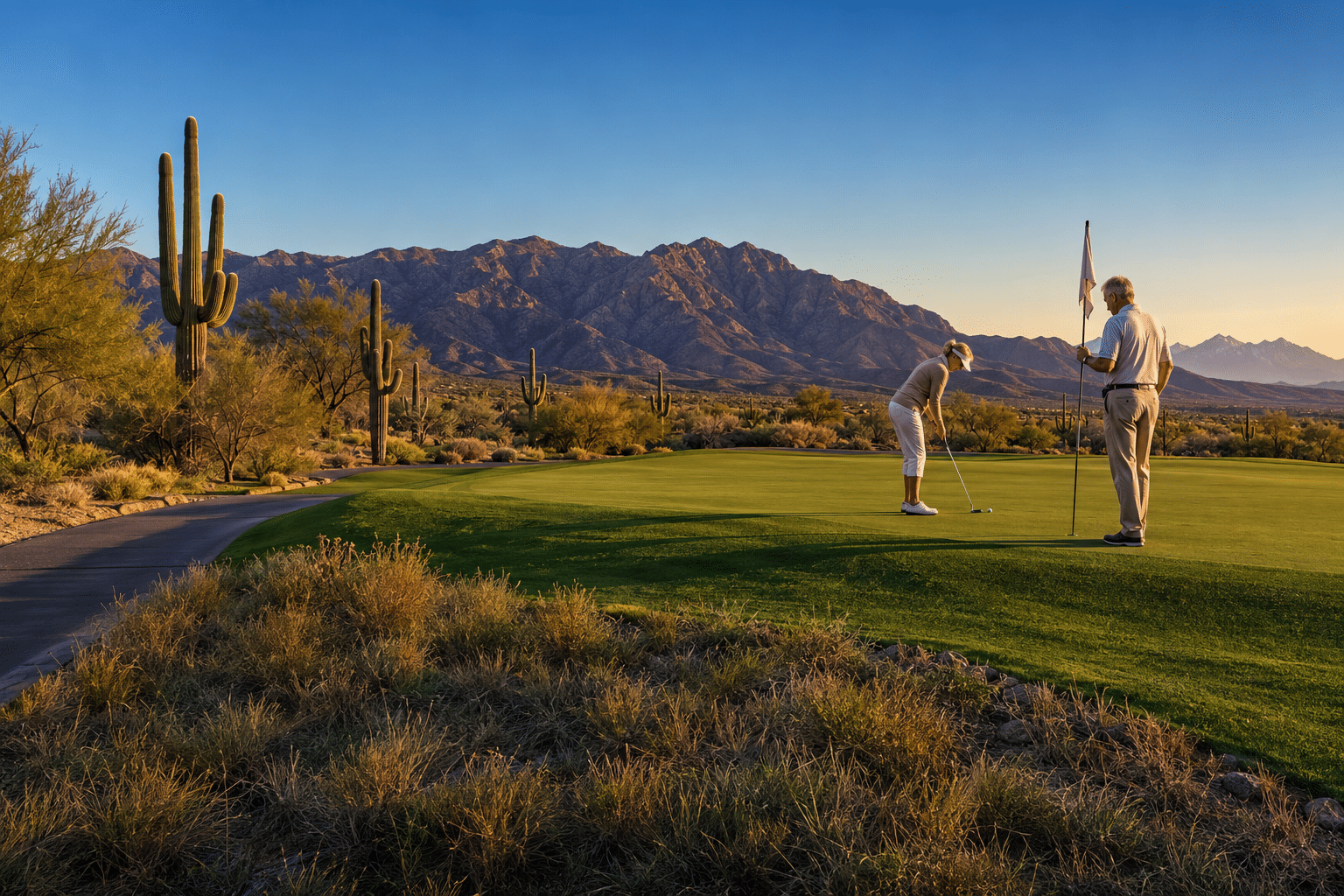 couple at a fairway green on the Peaks Course