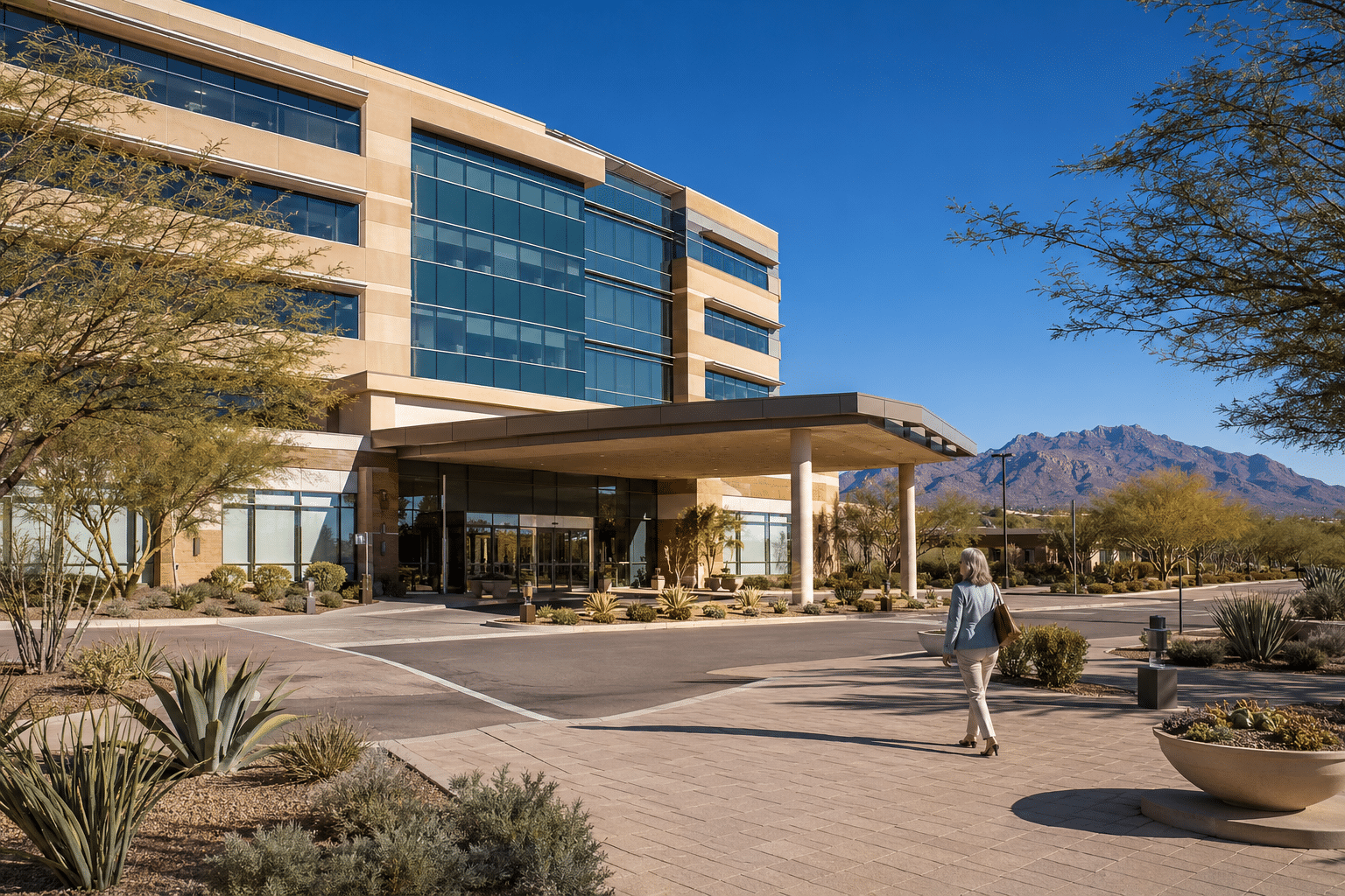 modern multi-story Scottsdale-corridor hospital exterior with a glass-and-stucco facade