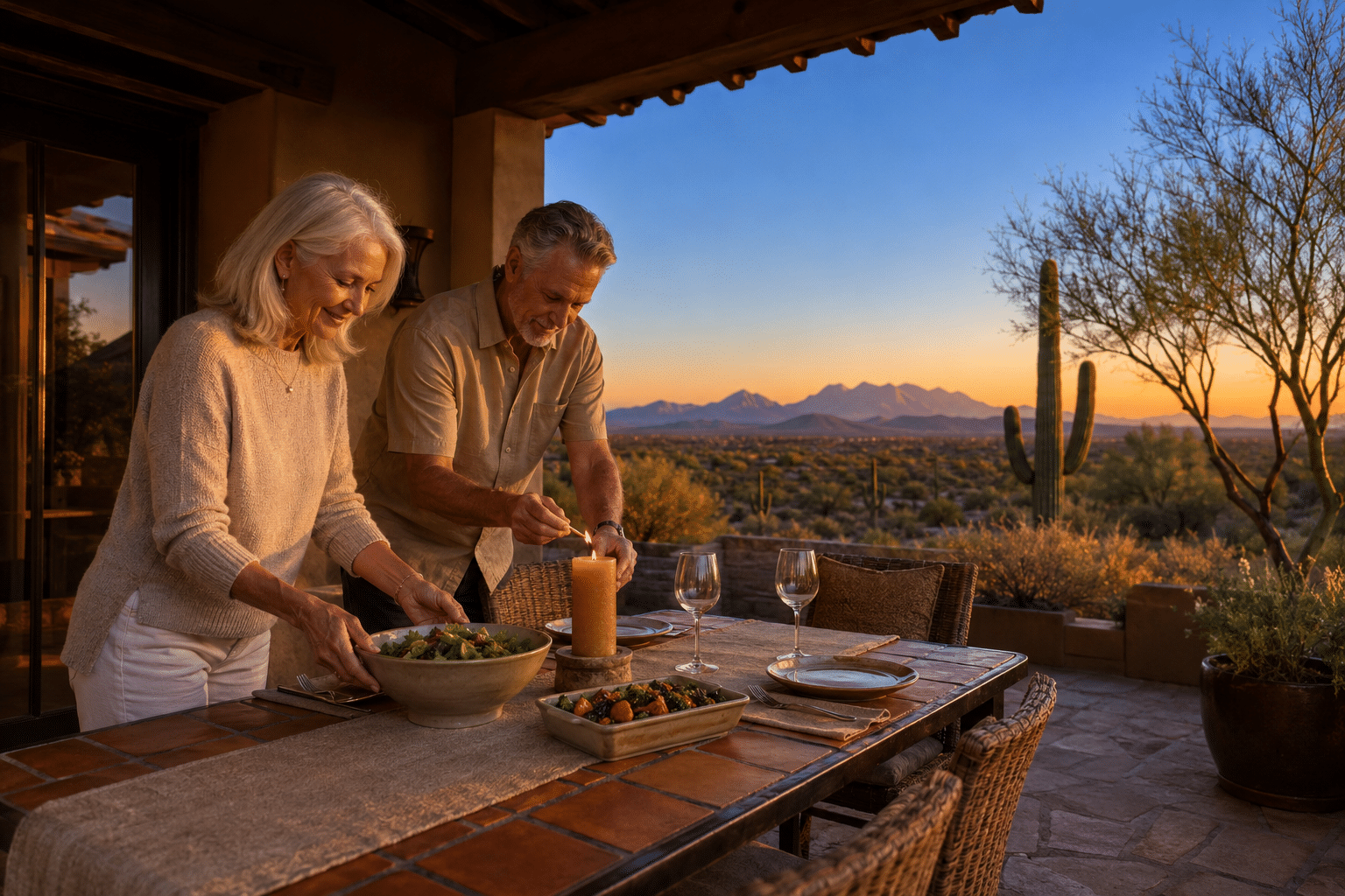 etirement-aged couple in their early 70s on the covered back patio of their custom home