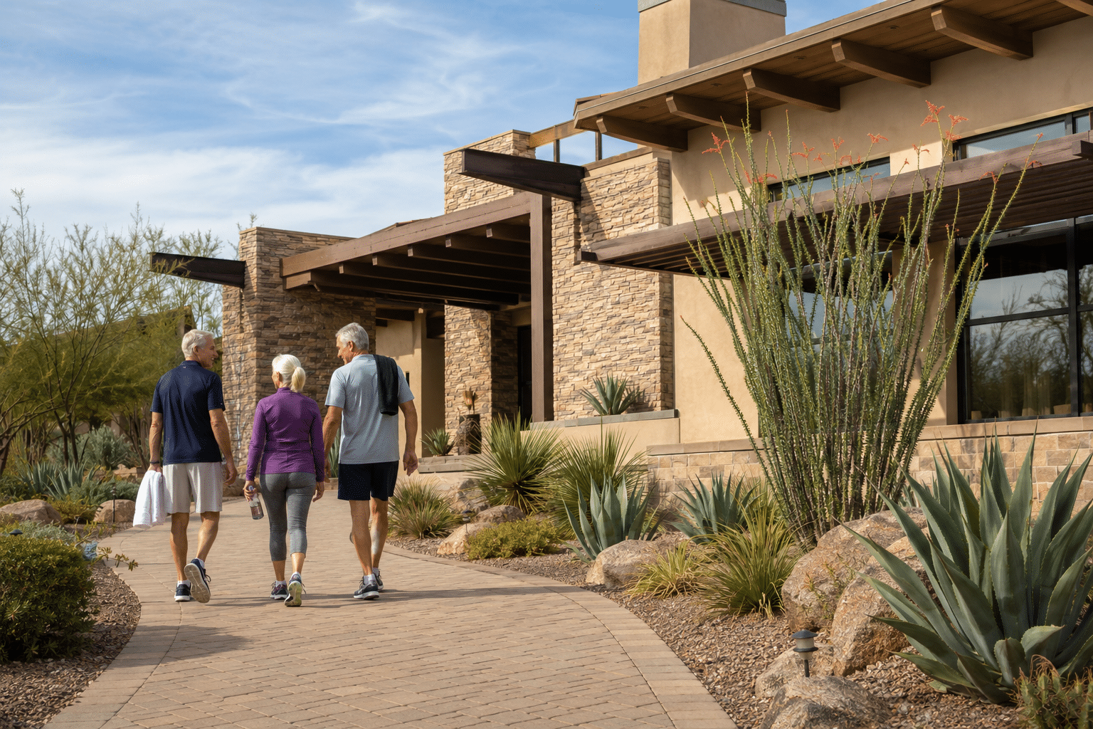 Small group of three retirees, mixed-gender, ages mid-sixties to early seventies, walking together toward the front entry of a master-planned community clubhouse.