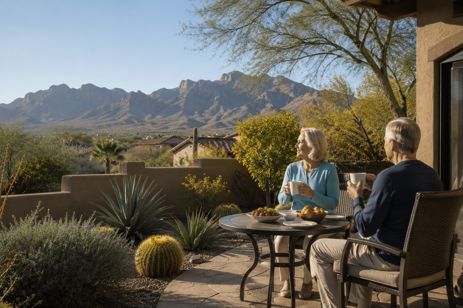 couple in their late sixties at a small breakfast table on a back patio.