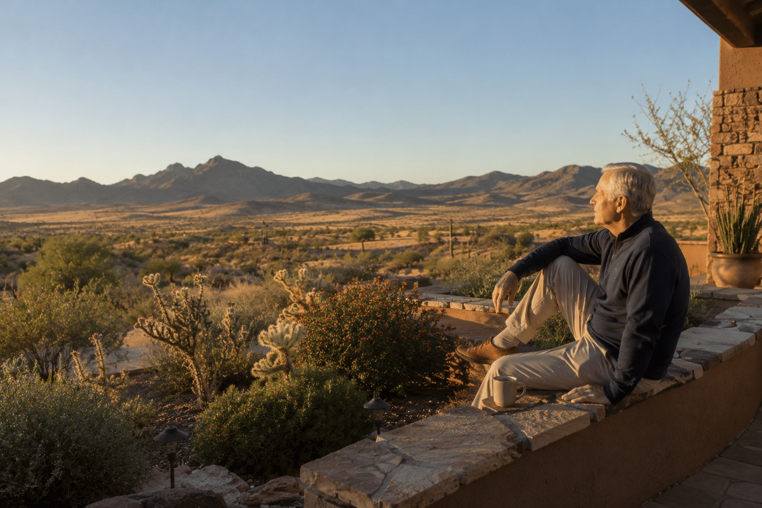 Solo retiree in early seventies seated on a low courtyard wall, looking out toward distant mountains.