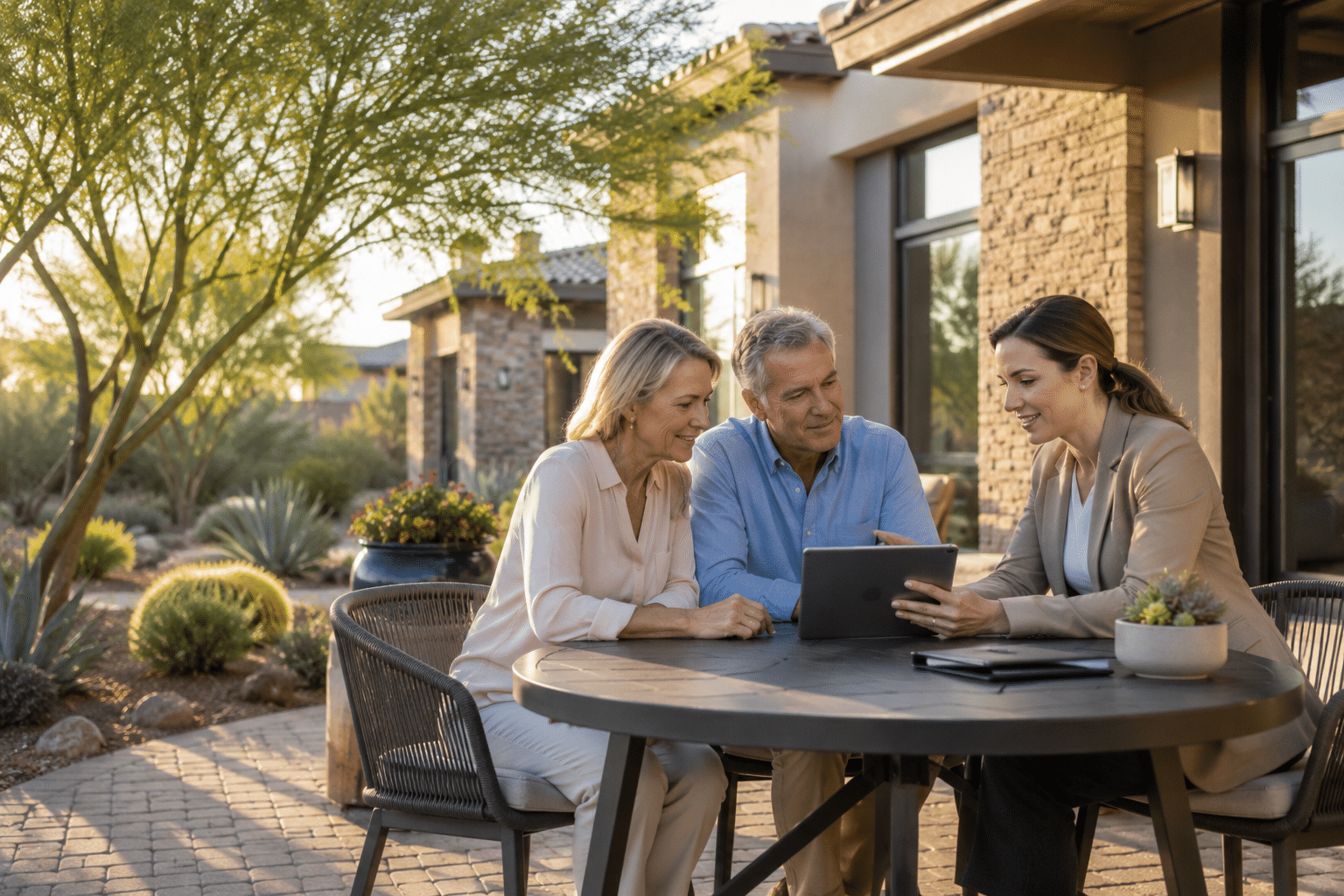 couple in their late fifties to early sixties seated at an outdoor patio table with a real estate agent