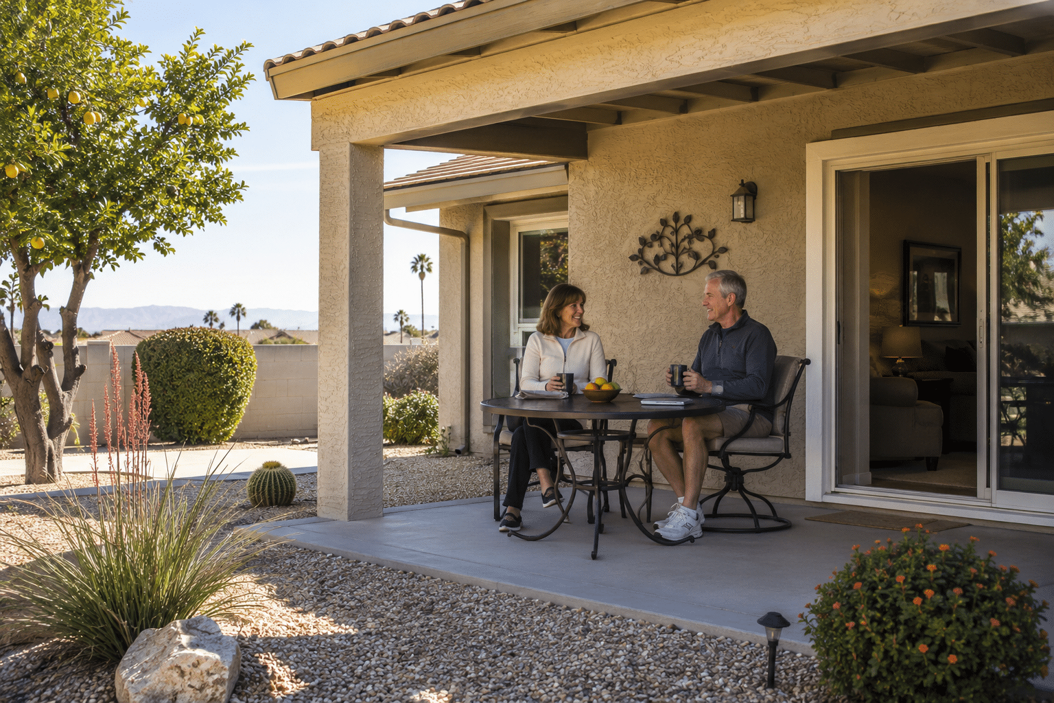 couple in their mid-sixties (man and woman) on the covered back patio of their Sunland Village East single- family home