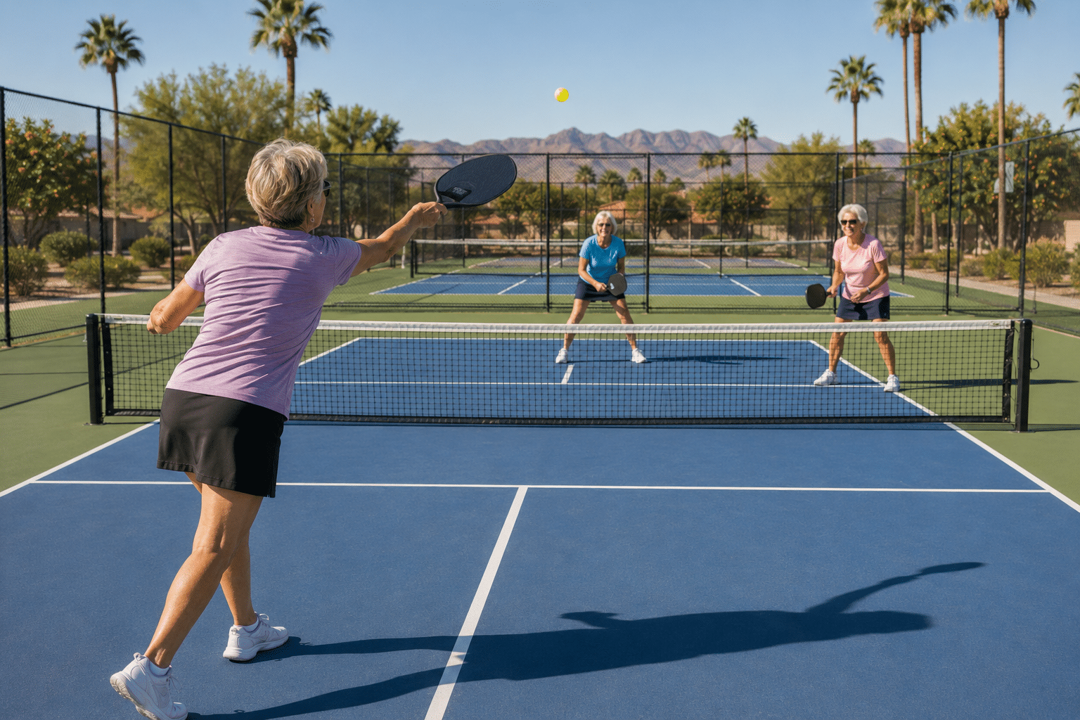 Three women in their early seventies playing pickleball doubles on a Sunland Village East court