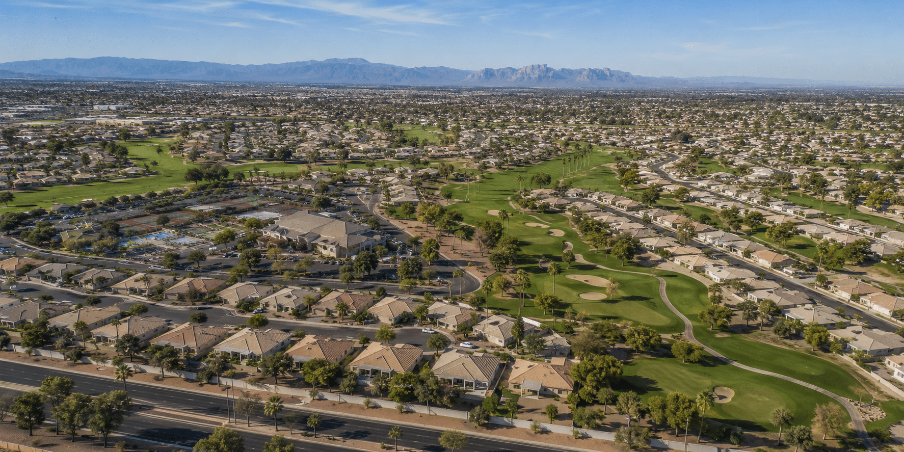 perspective of the Sunland Village East neighborhood and its on-site executive golf course