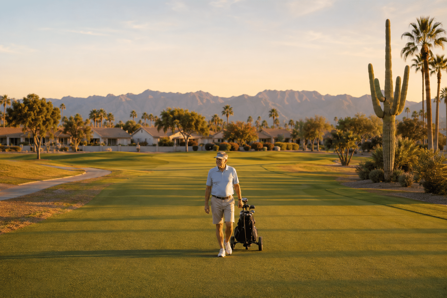 solo male golfer in his late sixties walking with a pull cart along an executive-course fairway at golden hour