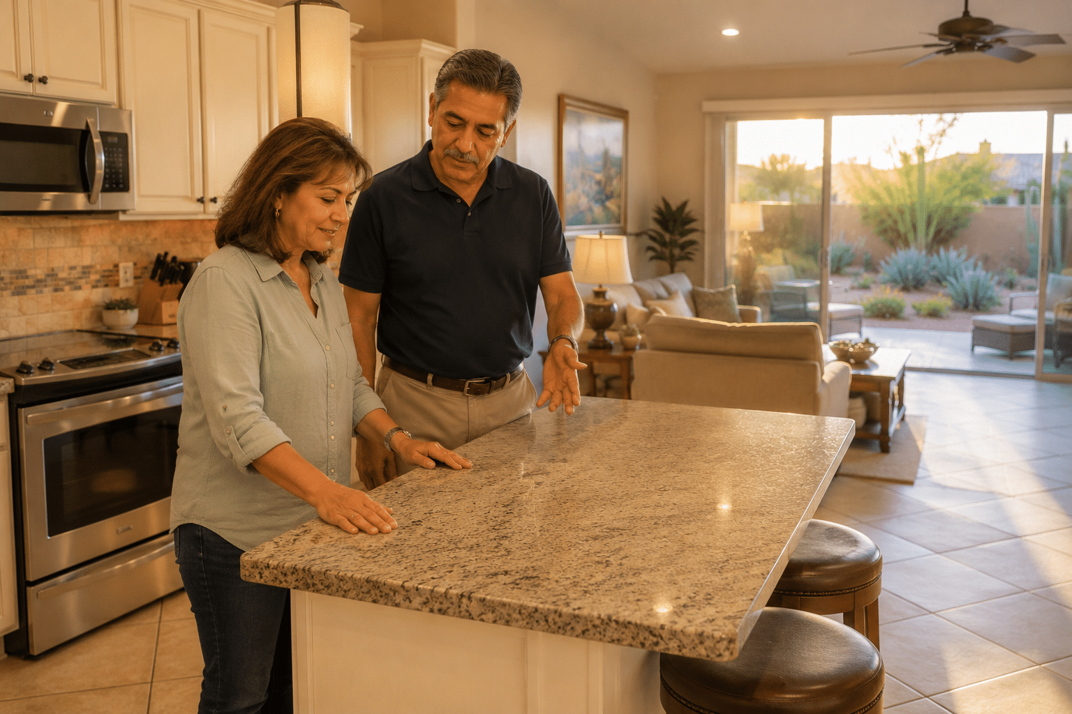 55+ couple touring resale home interior at Ventana Lakes Peoria AZ open kitchen golden hour light